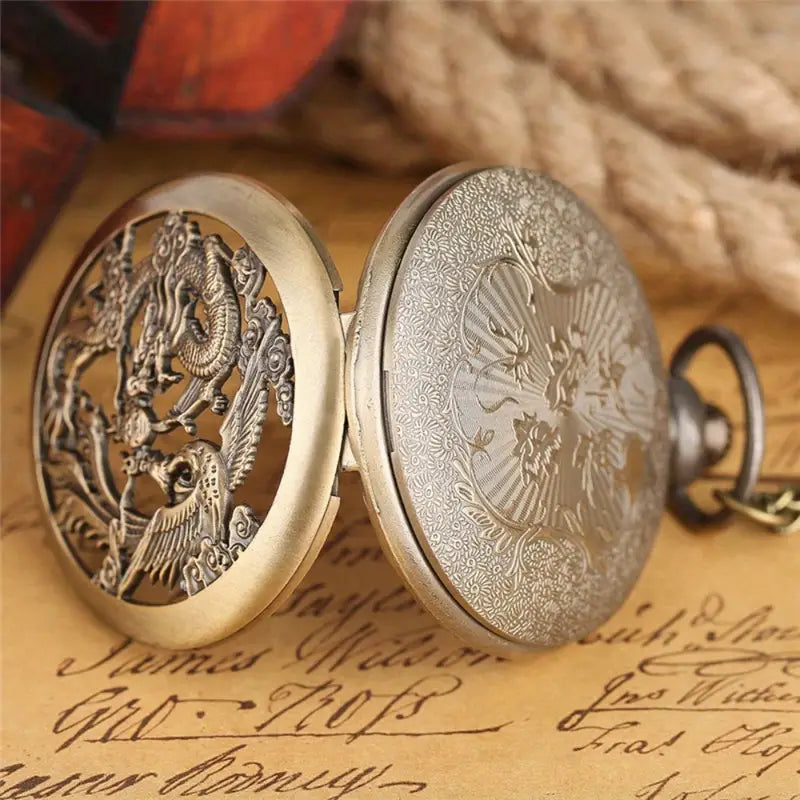 Retro Half Hunter Hollow Dragon Phoenix Design Pocket Watch