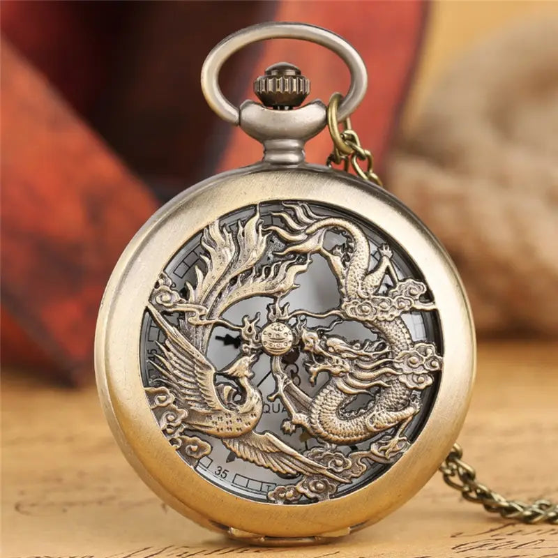 Retro Half Hunter Hollow Dragon Phoenix Design Pocket Watch