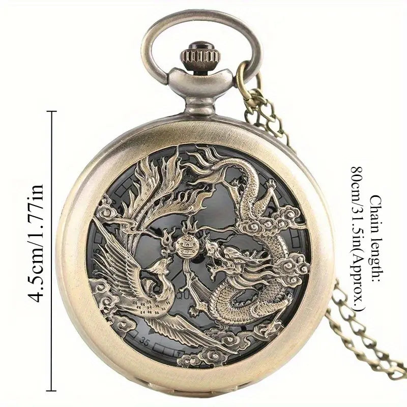 Retro Half Hunter Hollow Dragon Phoenix Design Pocket Watch