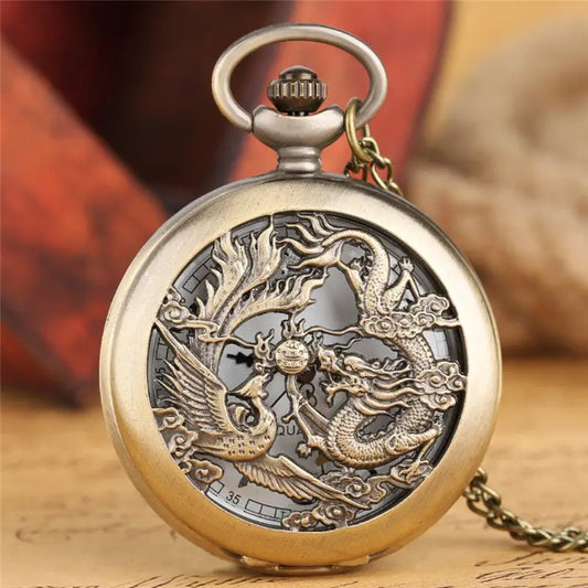 Retro Half Hunter Hollow Dragon Phoenix Design Pocket Watch