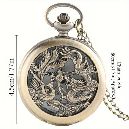 Retro Half Hunter Hollow Dragon Phoenix Design Pocket Watch