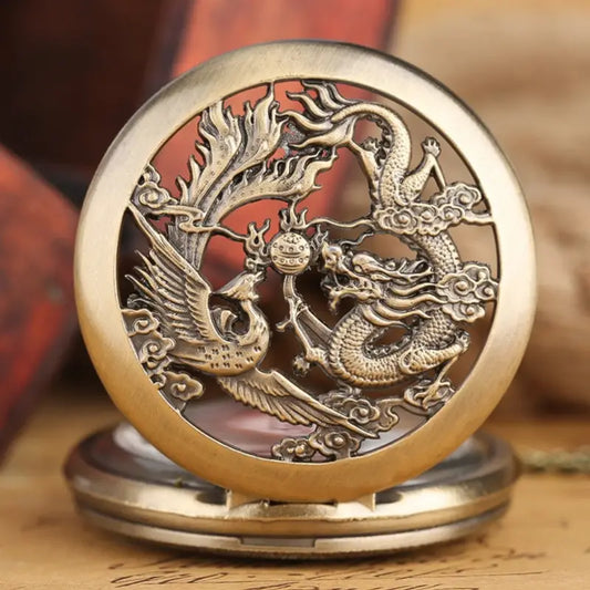 Retro Half Hunter Hollow Dragon Phoenix Design Pocket Watch